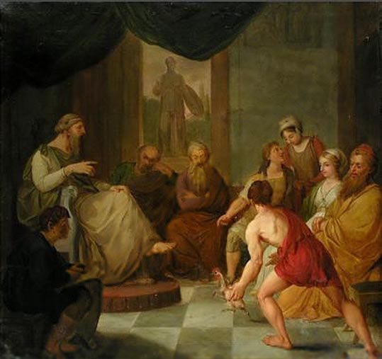 unknow artist Diogenes brings a plucked chicken to Plato